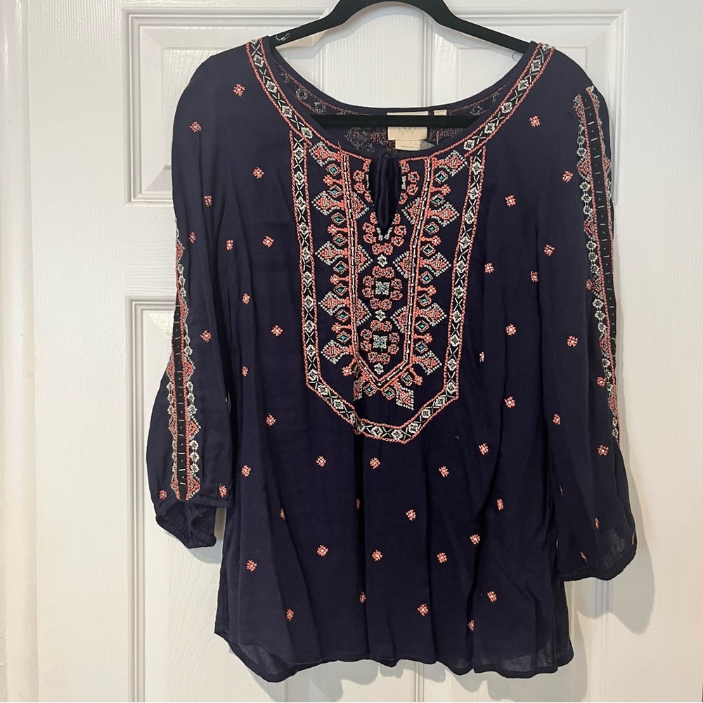 NWT Anthropologie Navy Embroidered Peasant Blouse